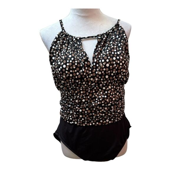 Catalina  Suddenly Slim Black Brown Polka‎ Dots One Piece Swimsuit Sz XL (16-18) - Picture 1 of 8